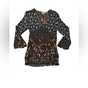 Alberto Makali Crinkled V-Neck Pullover Blouse Layered Floral 3/4 Sleeves Size M